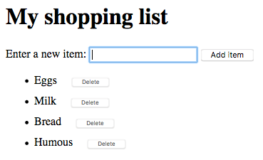 Demo layout of a shopping list. A 'my shopping list' header followed by 'Enter a new item' with an input field and 'add item' button. The list of already added items is below, each with a corresponding delete button. 